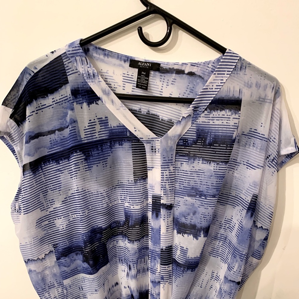 Tie front, sheer blue and white abstract top
